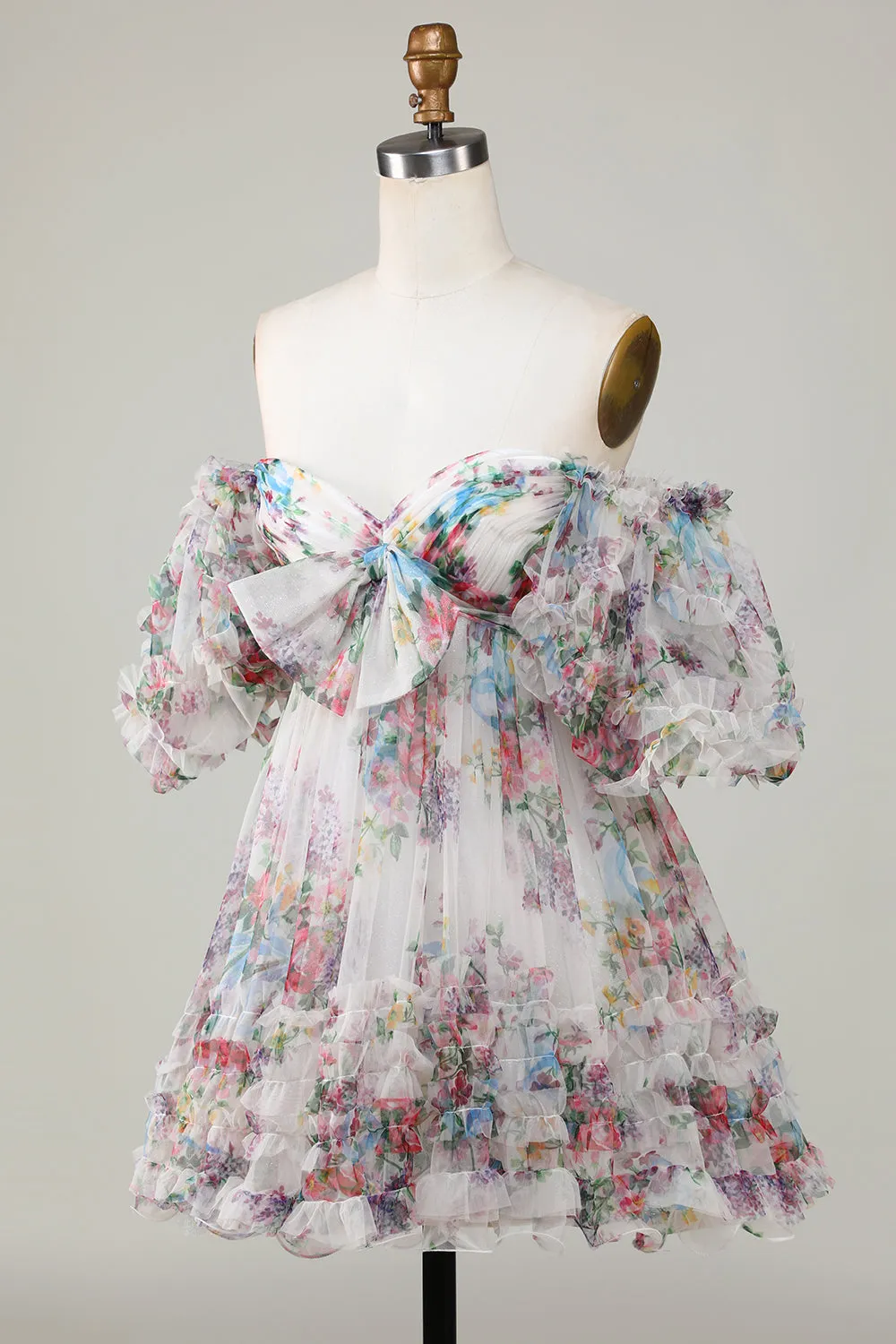 Abito da ritorno a casa corto in tulle con stampa floreale avorio linea A con spalle scoperte