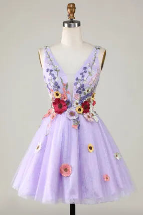 Abito da ritorno a casa viola con scollo a V profondo aperto sul retro con fiori 3D