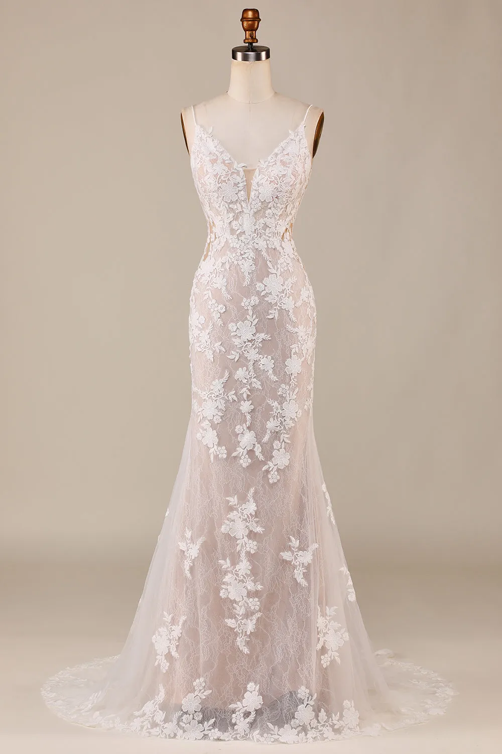 Affascinante sirena Spaghetti Cinghie avorio lungo abito da sposa con pizzo
