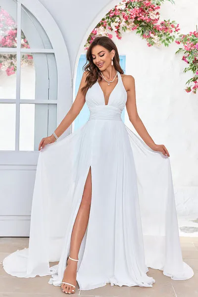Avorio A-Line Halter Sweep Treno abito da sposa con spacco