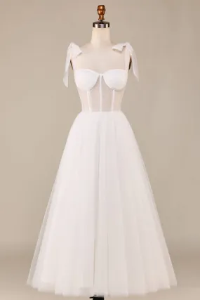 Avorio A-Line Tea-Length Tulle Corsetto Abito da sposa