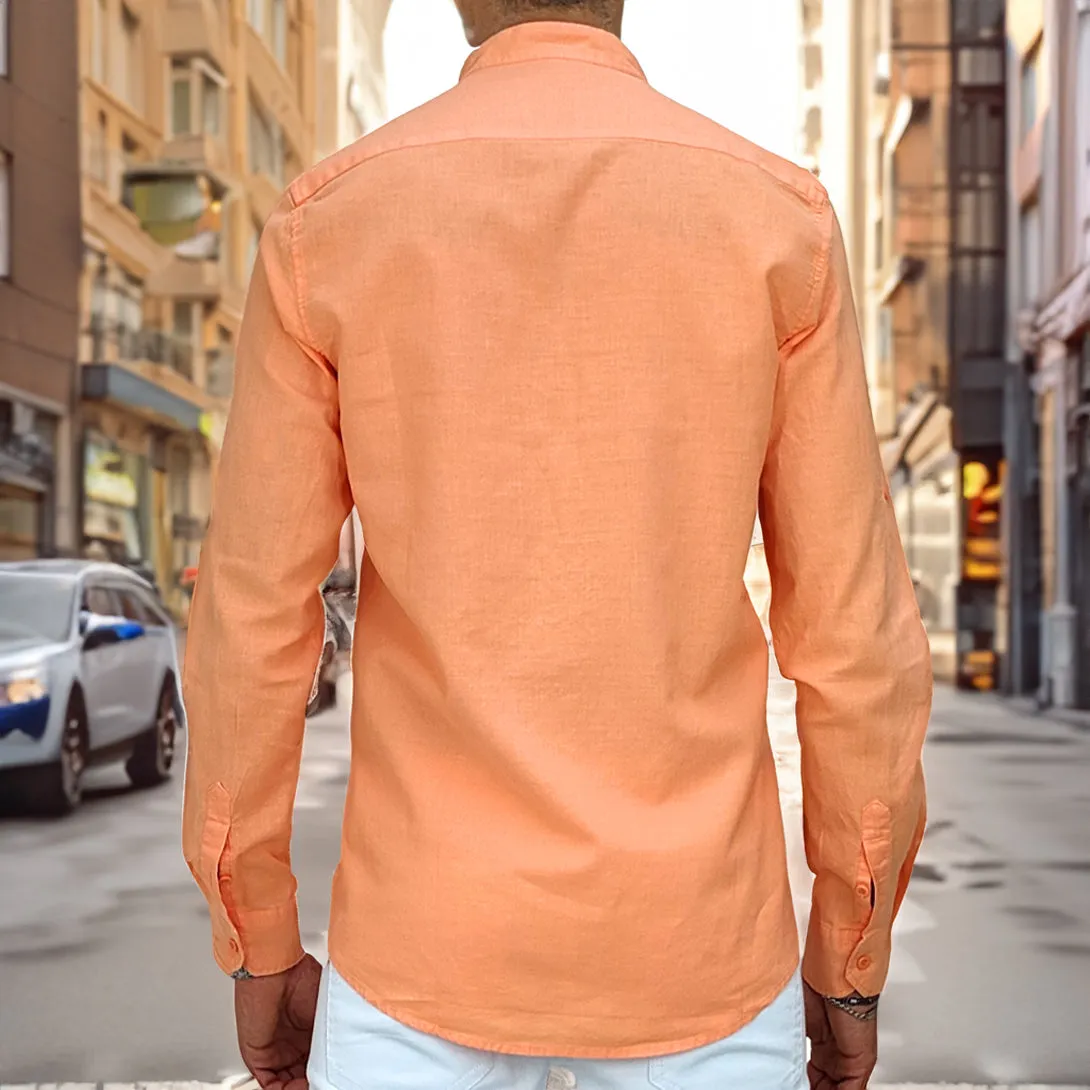 Camicia uomo in lino con colletto alla coreana