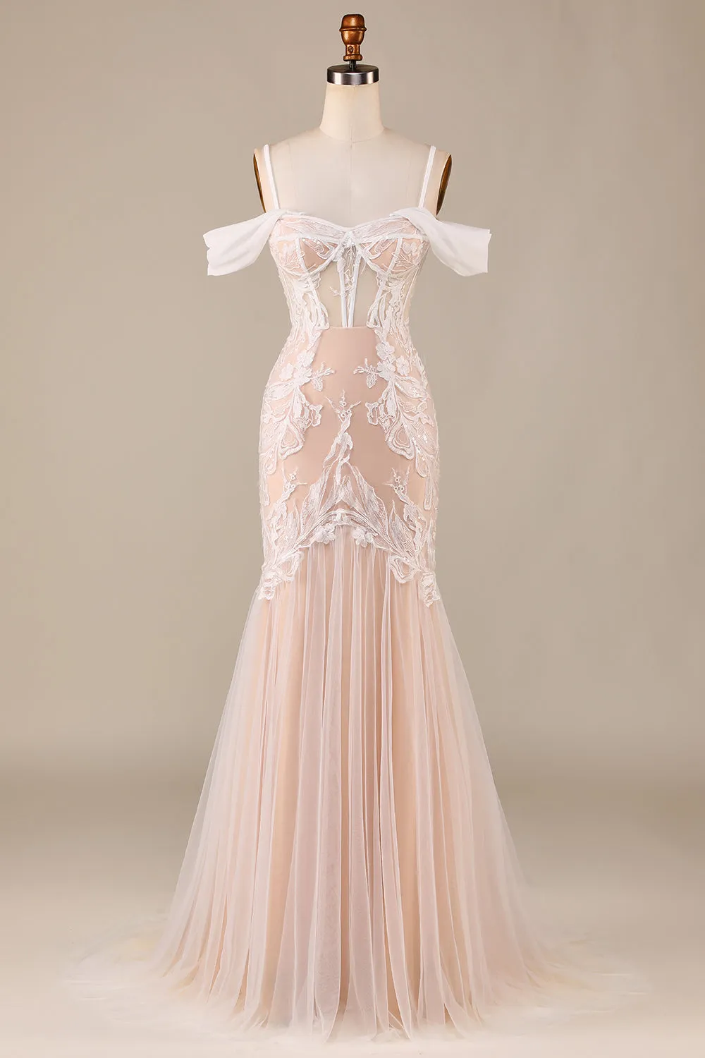 Champagne Mermaid lungo abito da sposa con pizzo