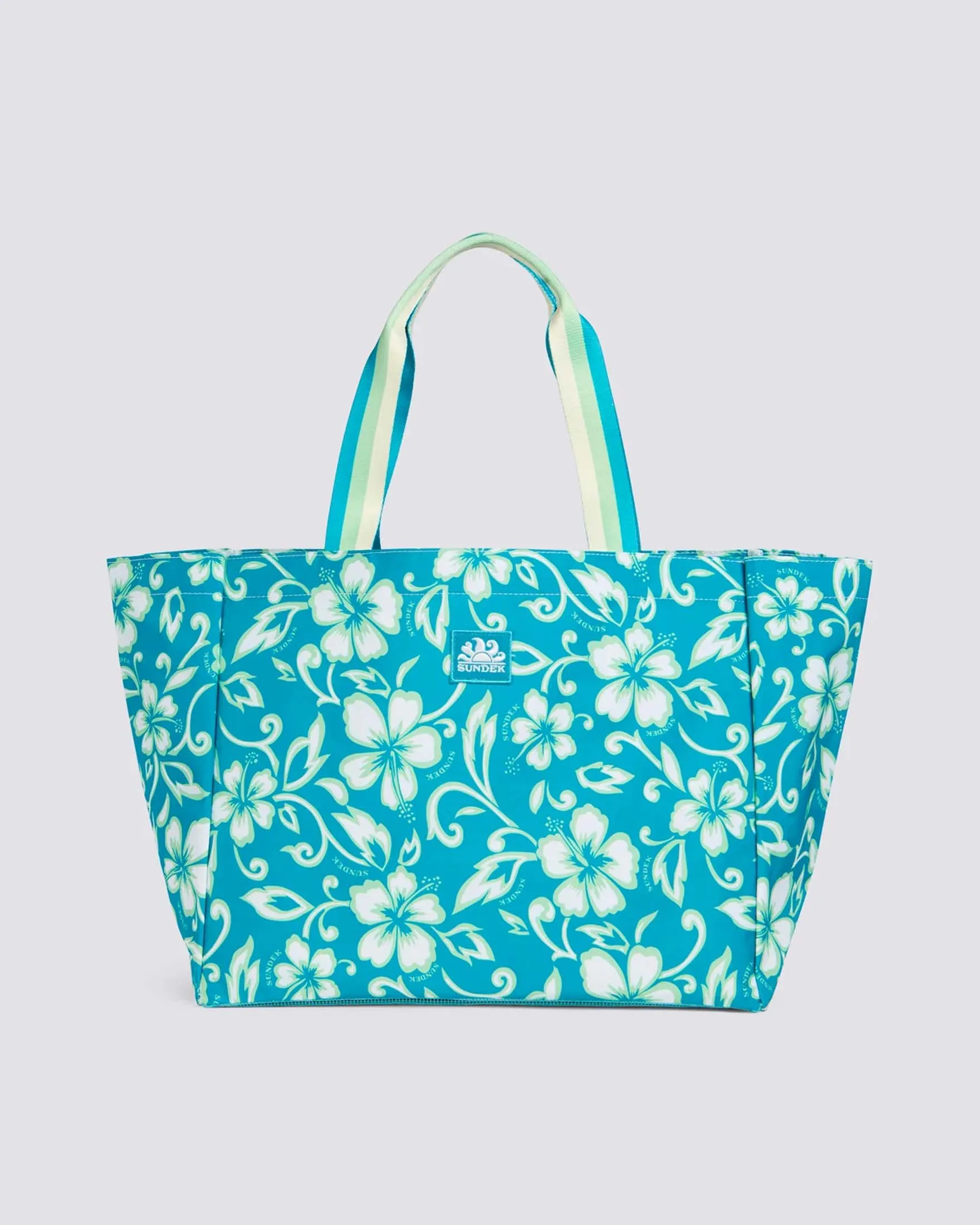 Shopper verde acqua a fantasia fiori ibisco gialli con manici bicolore