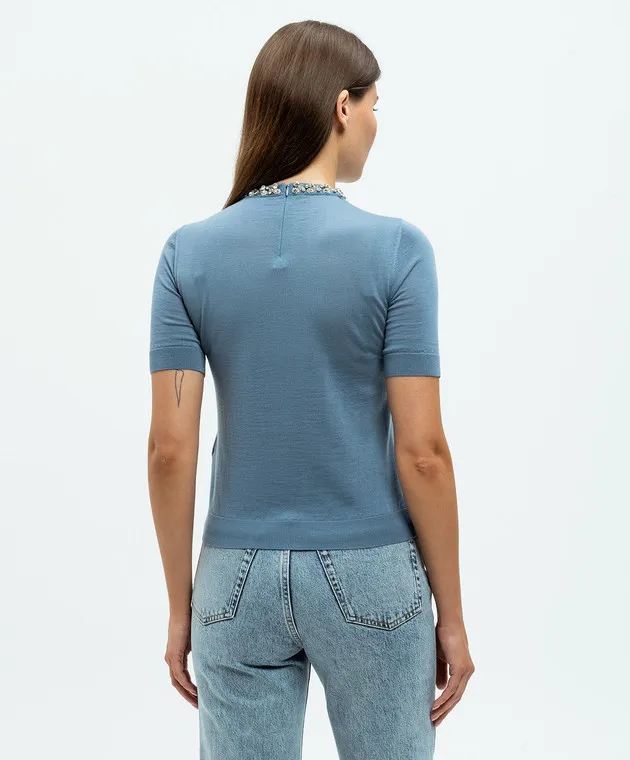 Valentino Top blu in lana con cristalli 5B3KC58Y8SU